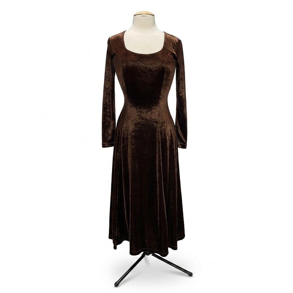 VTG Brown Velvet Long Sleeve Maxi Dress Sz S Ethereal Whimsigoth Romantic Witchy
